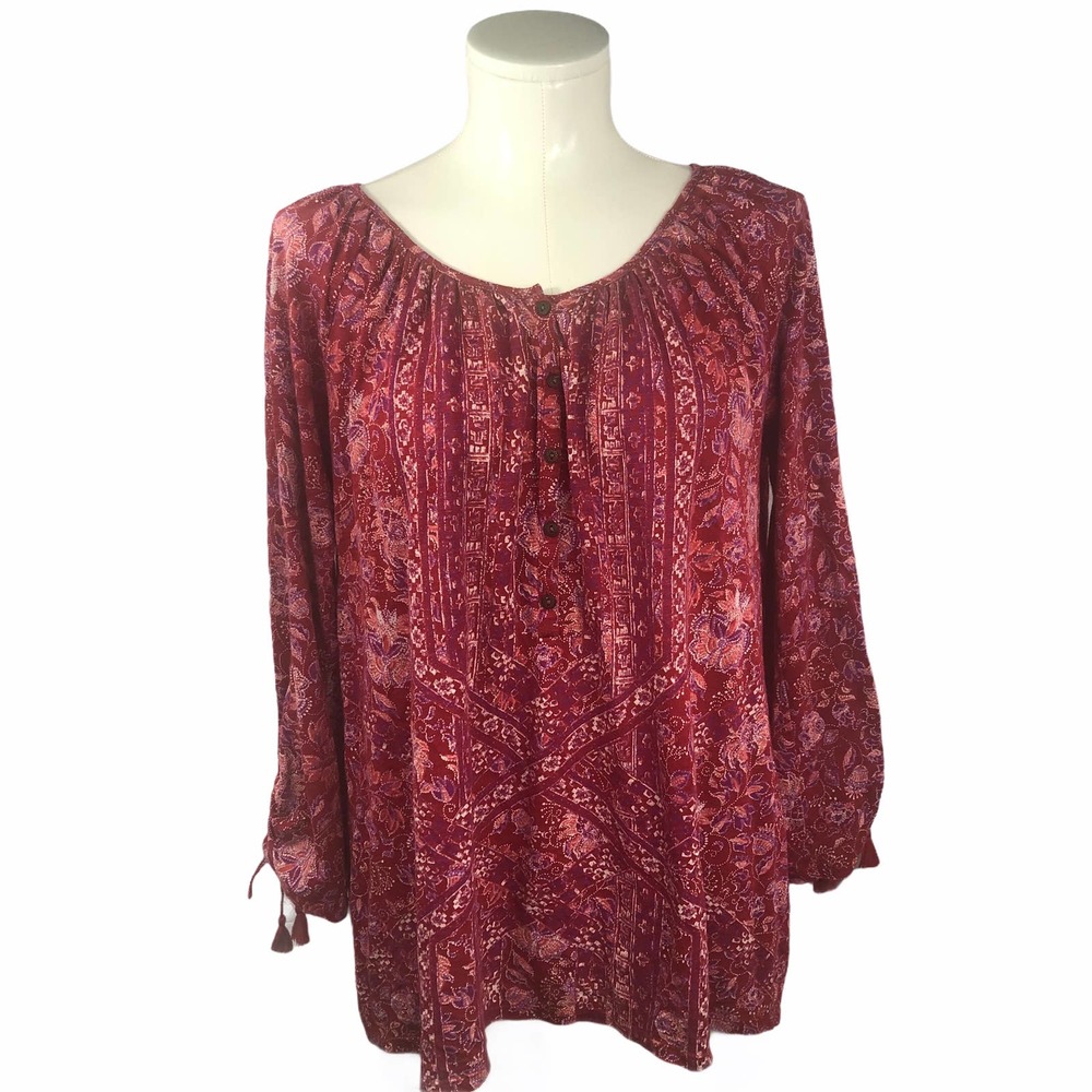Lucky Brand Red Button Blouse, Tie Sleeve - Size M